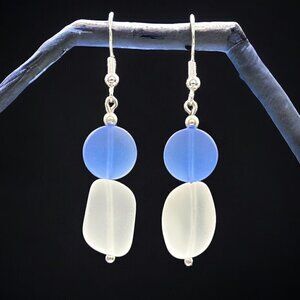 Blue and White Sea Glass Drop Earrings Sterling Silver | Handmade
